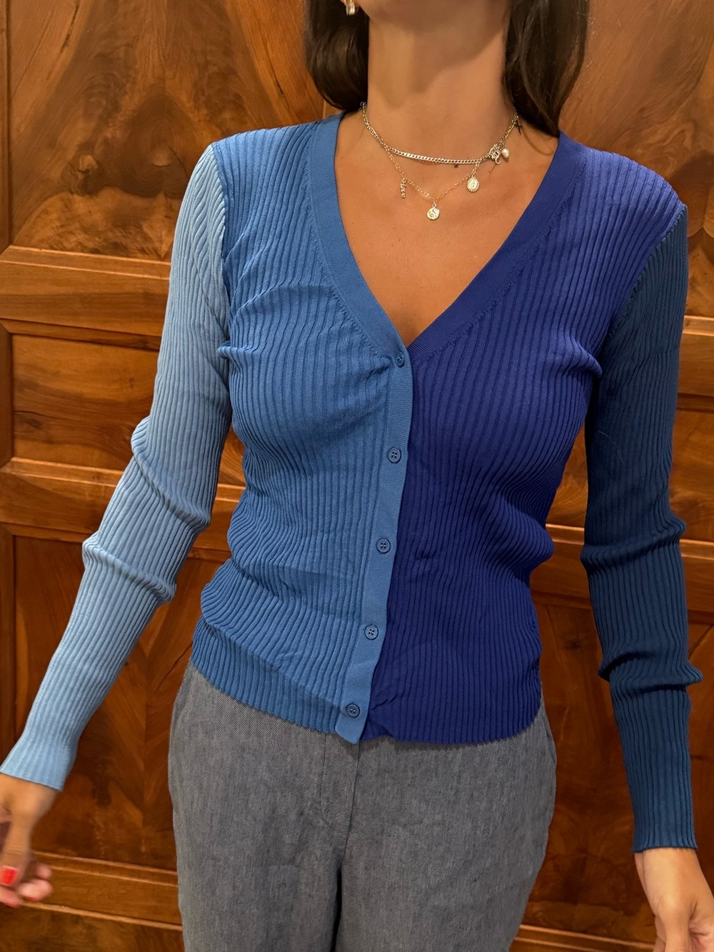 STAUD Two-Tone Blue Ribbed Top